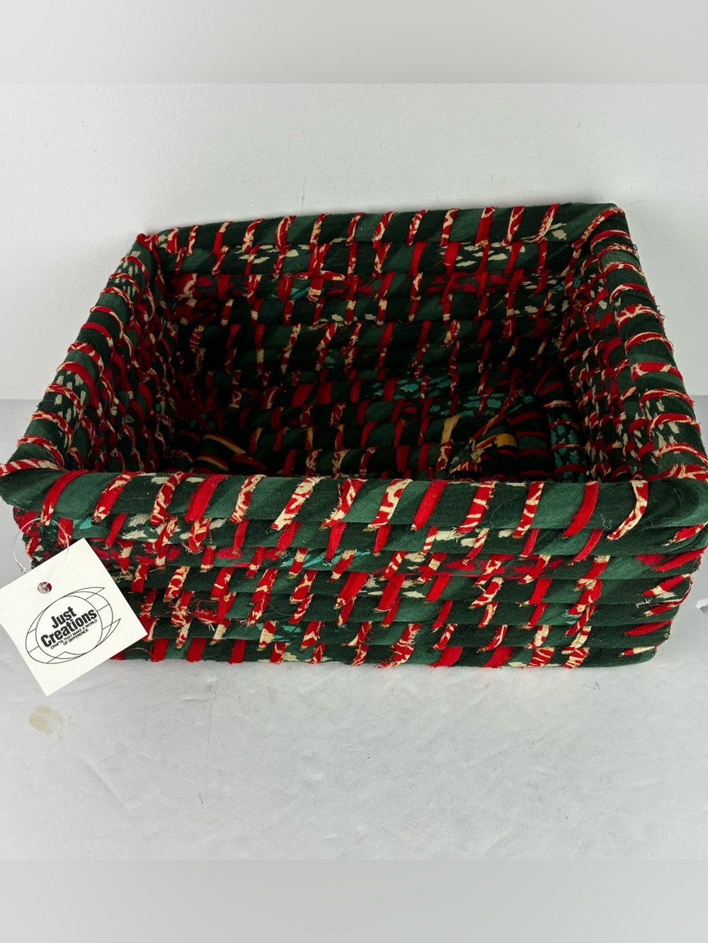 Just Creations NWT Red & Green Woven Cloth Square Christmas Basket